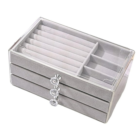 Clear Acrylic Jewelry Organizer with 3 Drawers Grey Velvet Jewelry Box Multifunctional for Earring Rings Necklaces Bracelets Sturdy Elegant