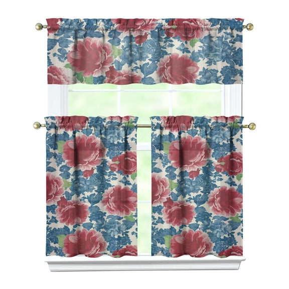 Kitchen Window Curtains over Sink Pioneer Floral 36 Inch 3 Pieces Set Small Window Cafe Curtains for Home Decor Rod Pocket Tier Drapes