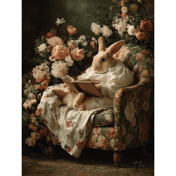 Floral Armchair Reading Rabbit Canvas Wall Art, Cottagecore Farmhouse Nursery Decor