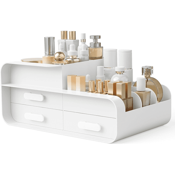 PandaTop Makeup Organiser, Large Countertop Vanity Cosmetic Stand Containers, Lipsticks Brushes Desk Storage Organizer with 3 Drawers and 9 Compartments , White