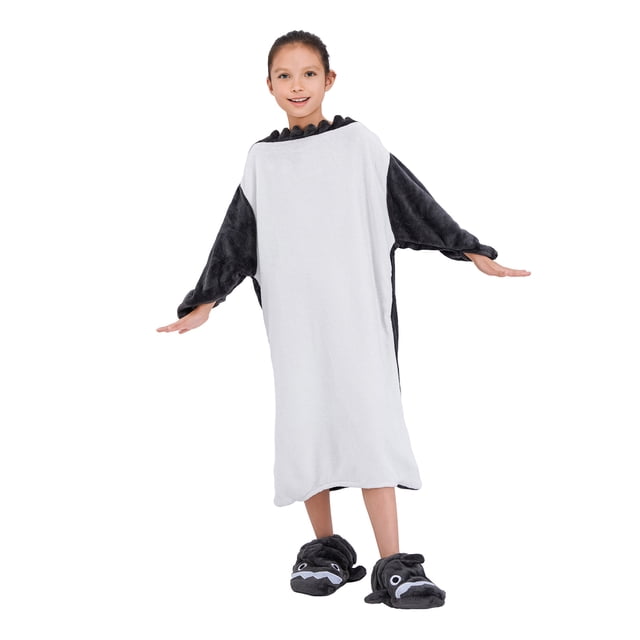 xiaxaixu Pyjamas de Costume Assortis pour la Famille, Robe à Capuchon en Flanelle à Manches Longues avec Requin de Dessin Animé, Couverture, Tenue de Nuit