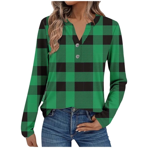 Perfectbot Women's V-Neck Button Tunic Tops - Long Sleeve Shirt Dressy Casual Classic Plaid Blouse