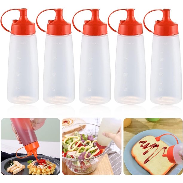 Botellas para condimentos, 5 botellas de salsa de condimentos de 16 oz, botellas dispensadoras de salsa, botellas de plástico para condimentos, botella de salsa, botellas de plástico con tapa, sin BP