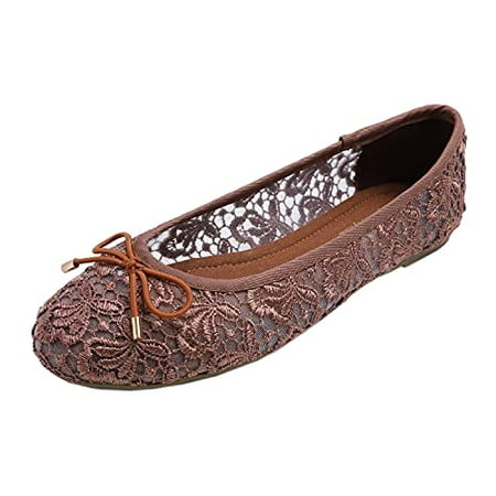 

Feversole Round Toe Lace Ballet Crochet Flats Women s Comfy Breathable Shoes Brown Metal Trim Size 9 US