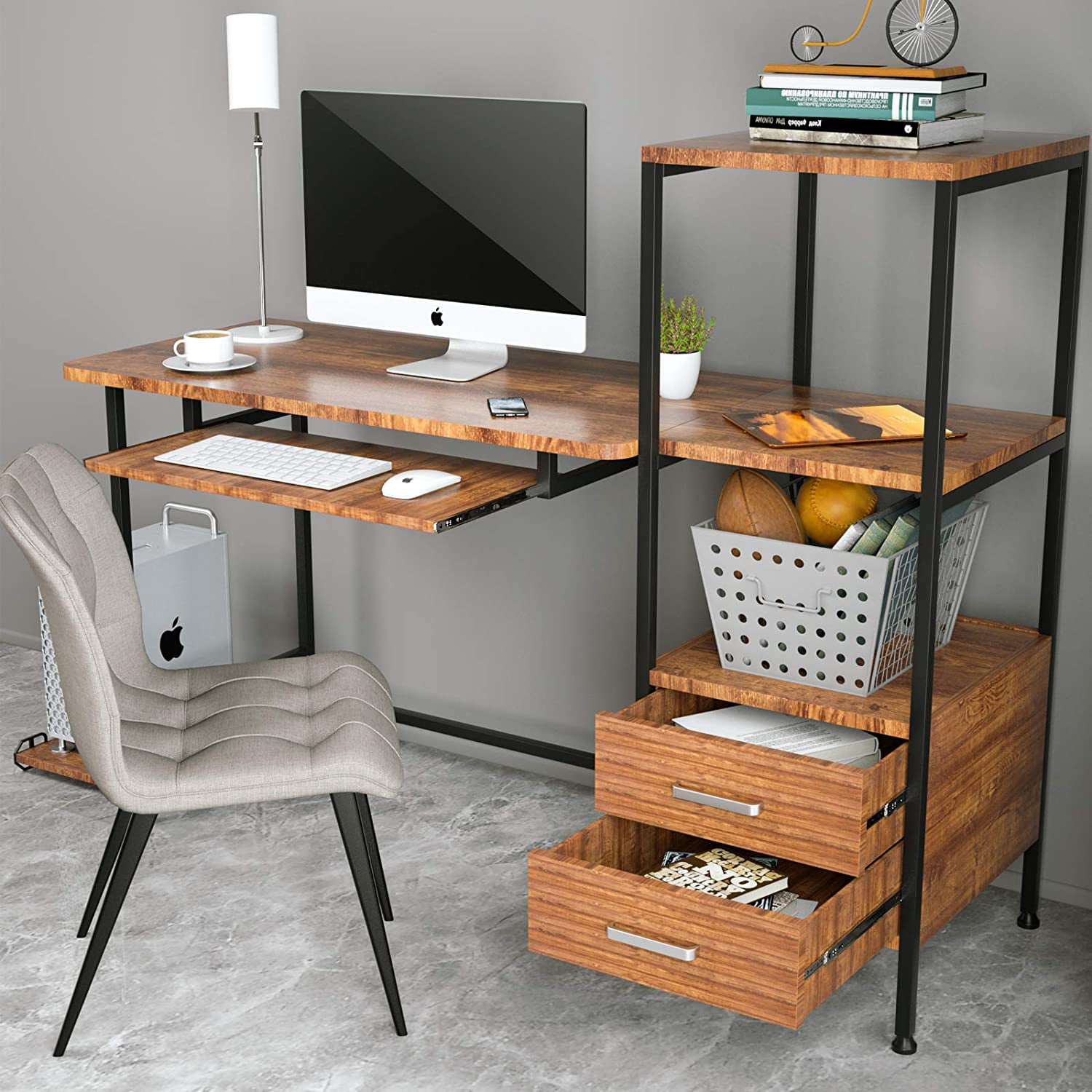 Mecor Computer Desk with 2 Drawers, Modern Writing Desk with Bookshelf ...