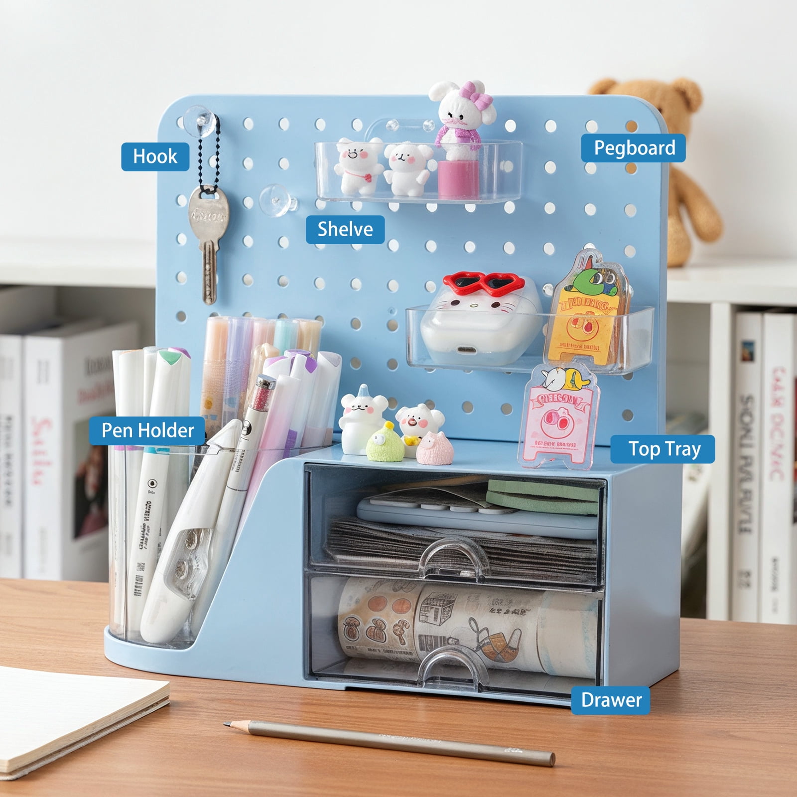 Vivin Desk Organizer, Small 2 Drawer Unit and Pen Holders, Multi-Purpose Pegboard organizer For Home Office, Blue