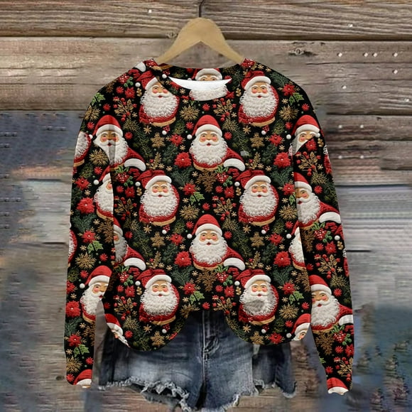 LSLJS Women's Casual Long Sleeve Sweatshirt Crewneck Vacation Christmas Stereoscopic Embroidery Printing Cute Loose Tops