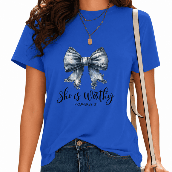 UNISHE Women's Casual Short Sleeve Faith Tee Elegant Satin Ribbon Bow Inspirational T-Shirt Blue, 2XL