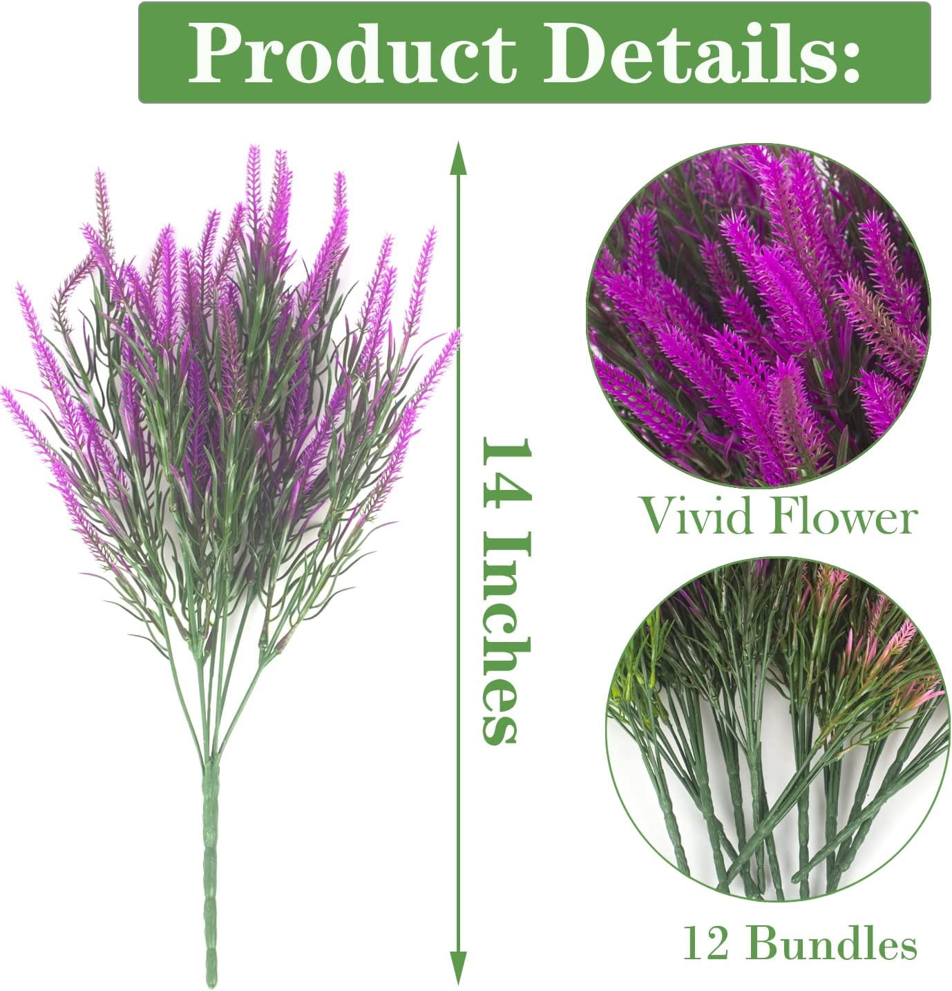12 Bundles Artificial Lavender Flowers Faux Plants Fake Flowers Outdoor UV Resistant No Fade Garden Porch Window Box Decor(Fuchsia)
