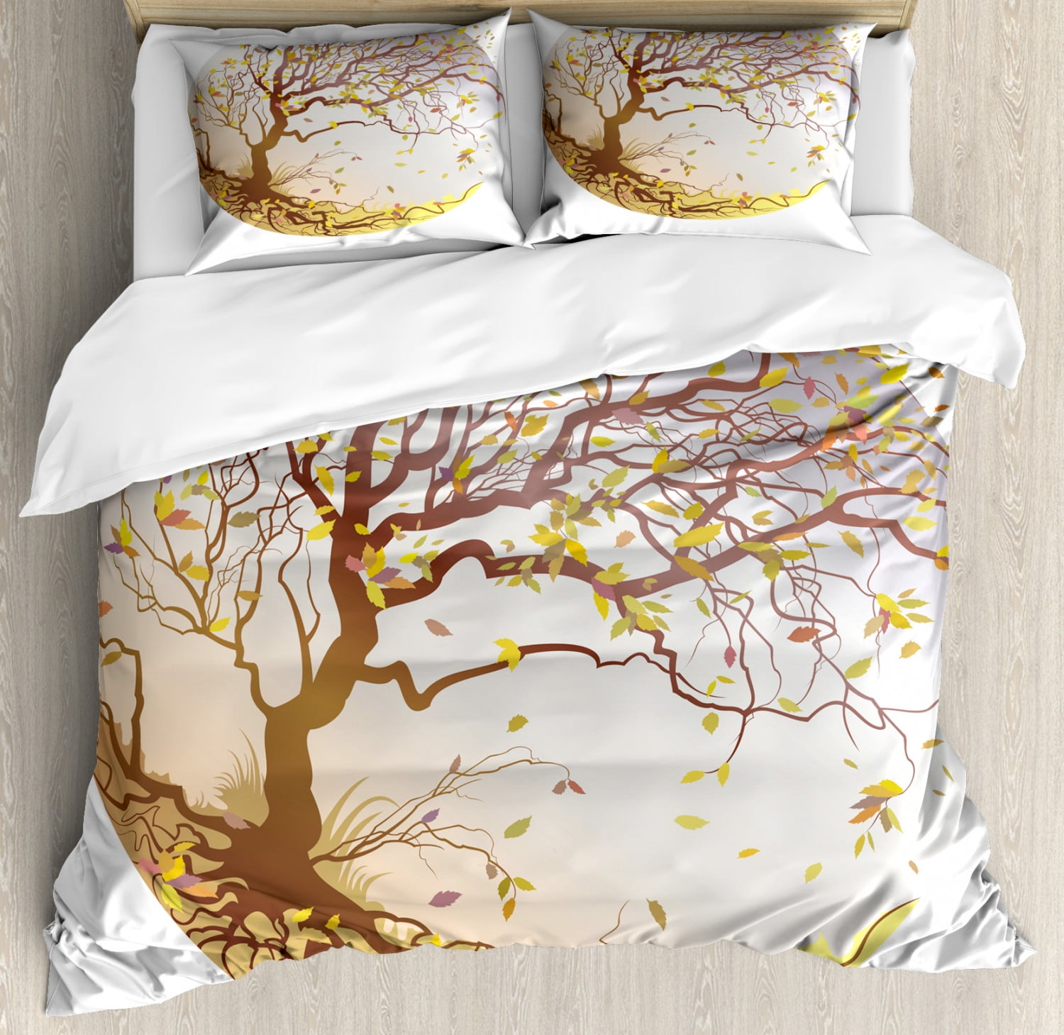 Tree King Size Duvet Cover Set, Autumn Tree on a Hill in Windy Weather Leaves Flying Fall Nature