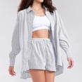 thumbnail image 5 of JULMCOMO 2 Piece Sets for Women Striped Button Down Long Sleeve Shirts Drawstring Wide Leg Summer Shorts Cruise Lounge Outfits Gray S, 5 of 6