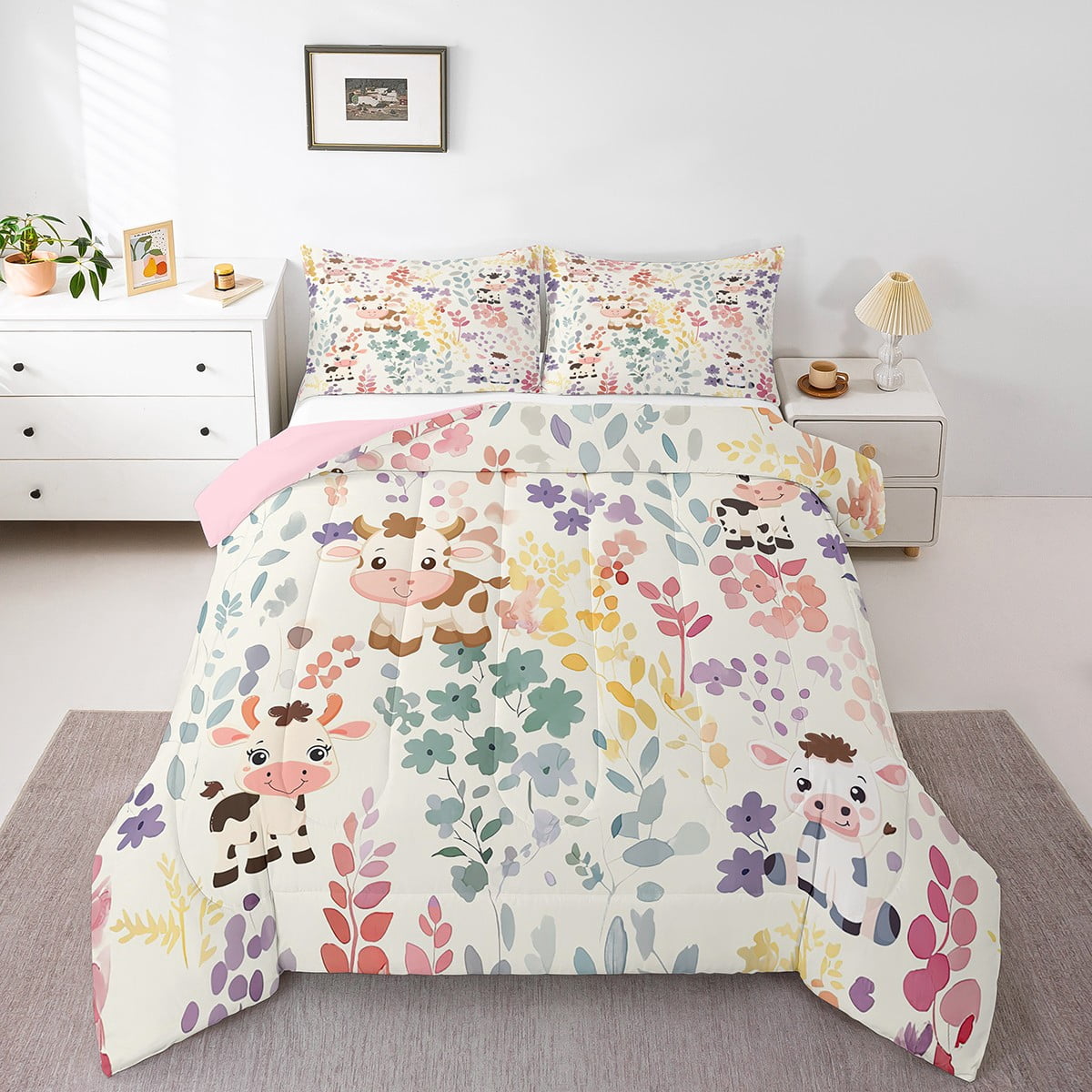 Kawaii Milk Cow Bedding Set Twin Size,Farmhouse Cow Cattle Flower Comforter Set,Cute Colorful Floral Quilt Bed Set Farm Animal Down Comforter with 1 Pillowcase