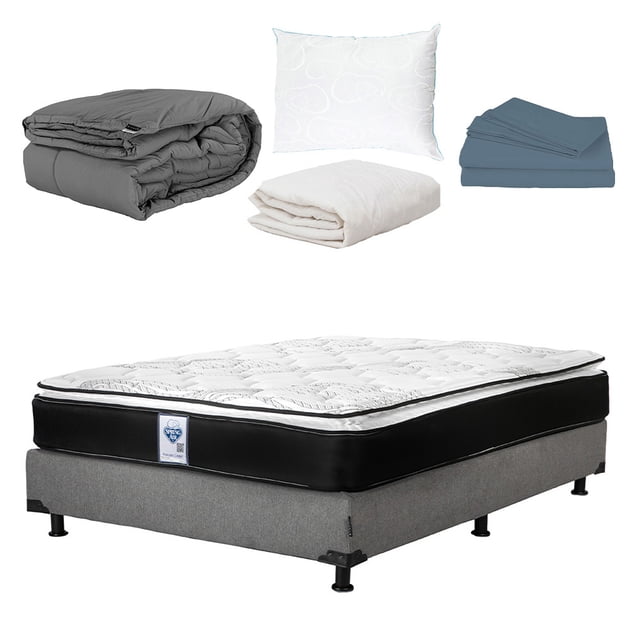 Colchón Matrimonial Premier Spring Air + Box + Sábanas Basic + Protector de colchón + Edredón Homy + Almohada Osos