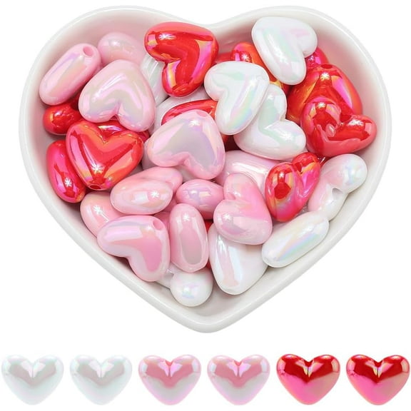 1 Box 60Pcs 3 Colors AB Heart Beads Valentine's Day Beads Large Acrylic Love Mother's Day Holiday Focal Pink Heart Beads for Crafts Bracelet Necklace Earrings Pen Hairband DIY Jewelry Making
