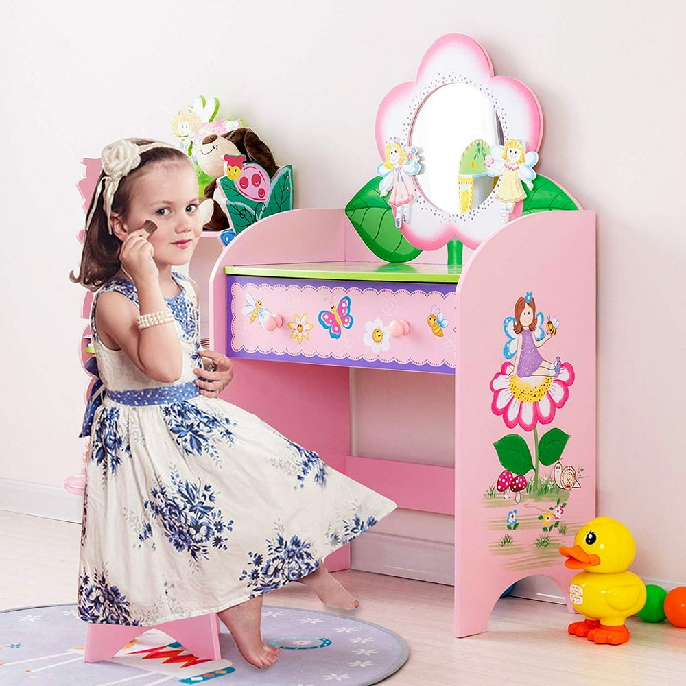 Mecor Kids Vanity Set with Stool,Little Girls Makeup Dressing Table