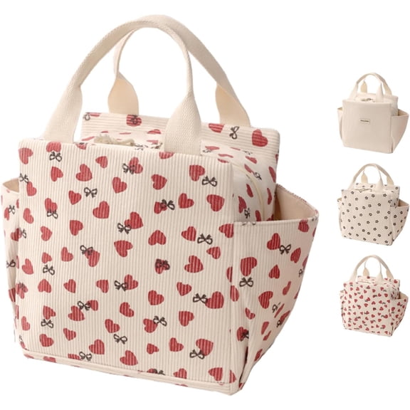 Surpdew Corduroy Lunch Bag For Women Men Cute Lunch Tote Bags Reusable Insulated Soft Leakproof Large Lunch Box Large Capacity Reusable Insulated Cooler For Work/Picnic/Travel Beige-Heart