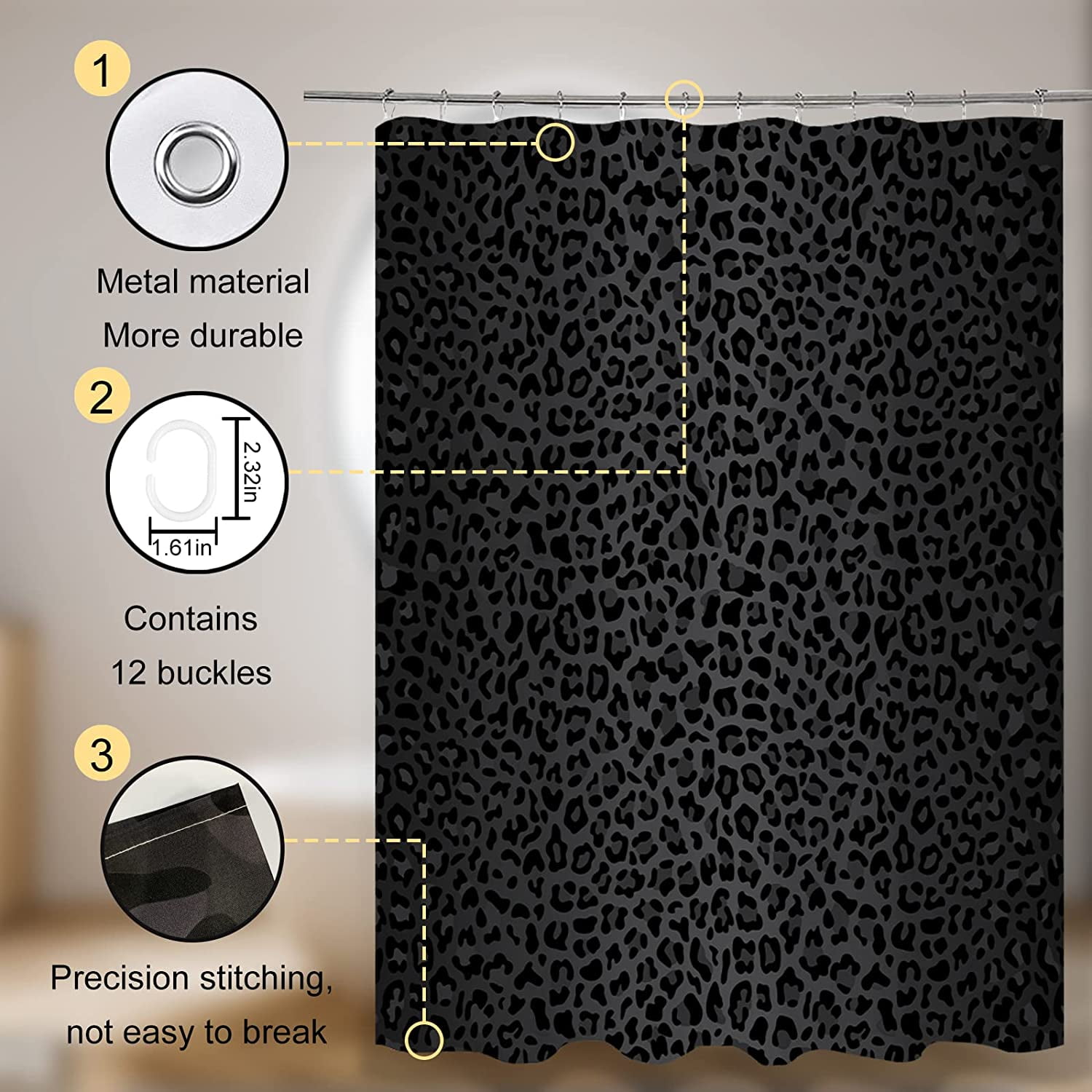 Leopard Shower Curtain, Black Leopard Cheetah Print Shower Curtain,Polyester Fabric Print Shower Curtain Set for Bathroom with 12 Hooks 60"W x 72"L (Pack of 1)