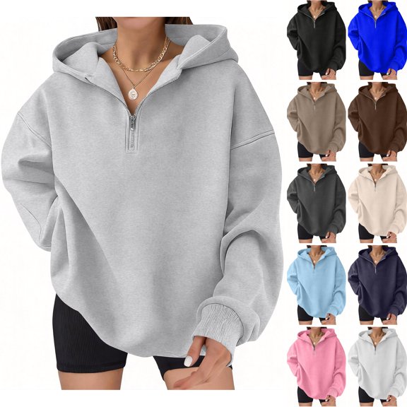 WULMLEO Women Oversized Quarter Zip Hoodies Solid Color Long Sleeve Drop Shoulder Soft Pullover Casual Loose Fit Daily Lounge Workout Hooded Sweatshirts Gray 3XL