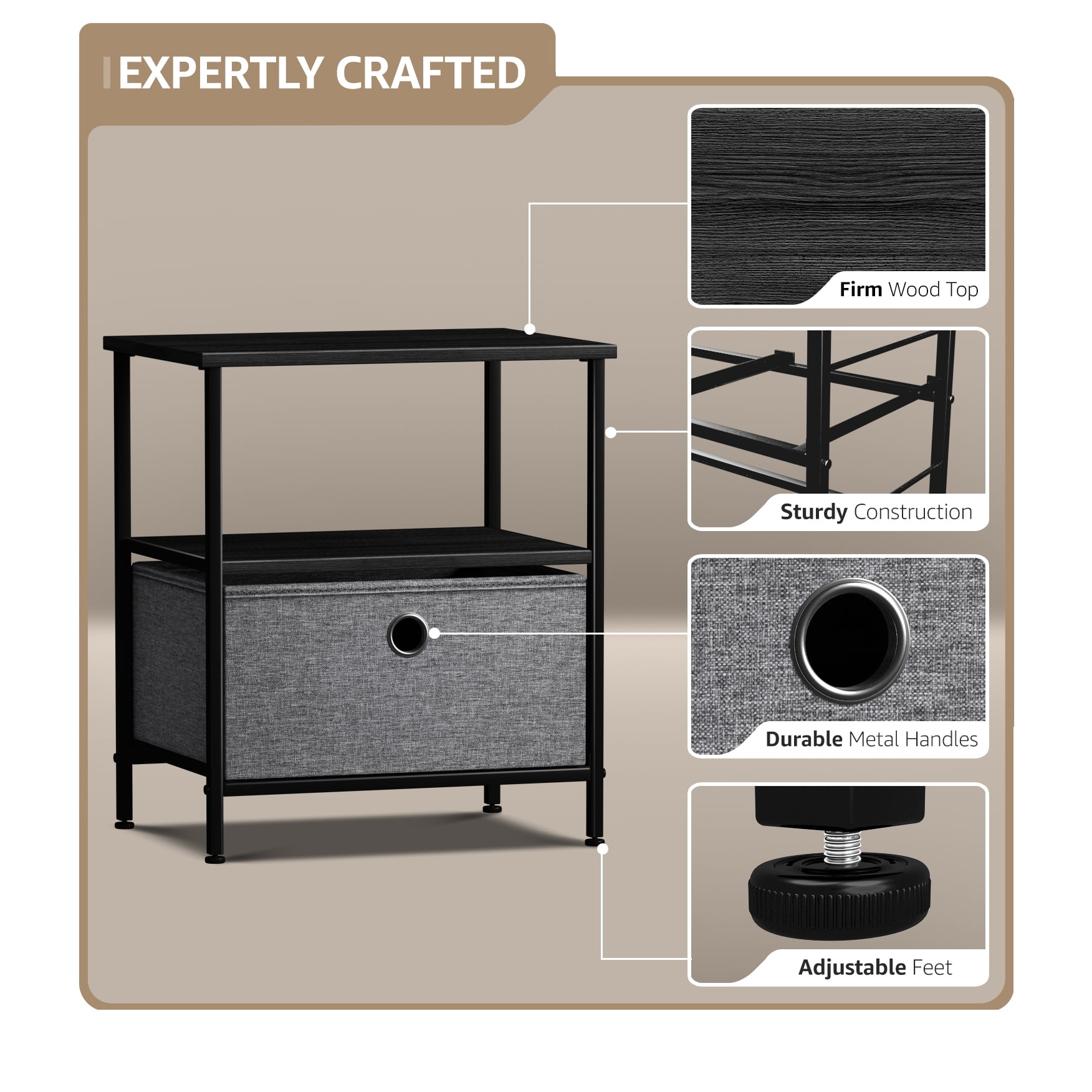 Sorbus 1-Drawer Nightstand with Shelf, Fabric Bin Storage, Steel Frame, Black