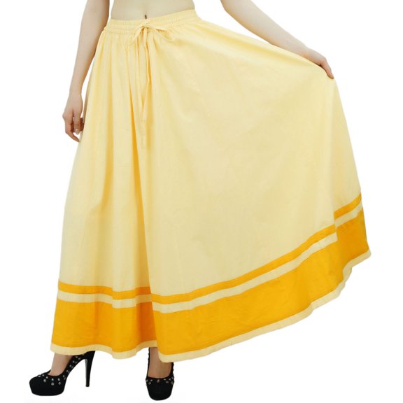Bimba Women's Long Maxi Skirt With Contrast Border Boho Skirt With Elastic Waist