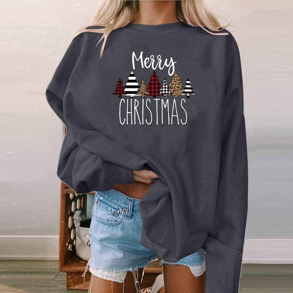 Meichang Merry Christmas Pullover Sweatshirts for Women Trendy Xmas Tree Pullover Tops Loose Long Sleeve Shirts Cute Graphic Sweatshirt