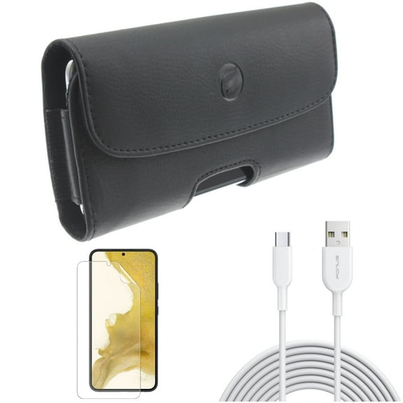 Case Belt Clip & Matte Screen Protector & 6ft USB-C Cable for Samsung Galaxy S22 (6.1") - Leather Holster & TPU Film Anti-Glare & Type-C Fast Charger Accessory Bundle