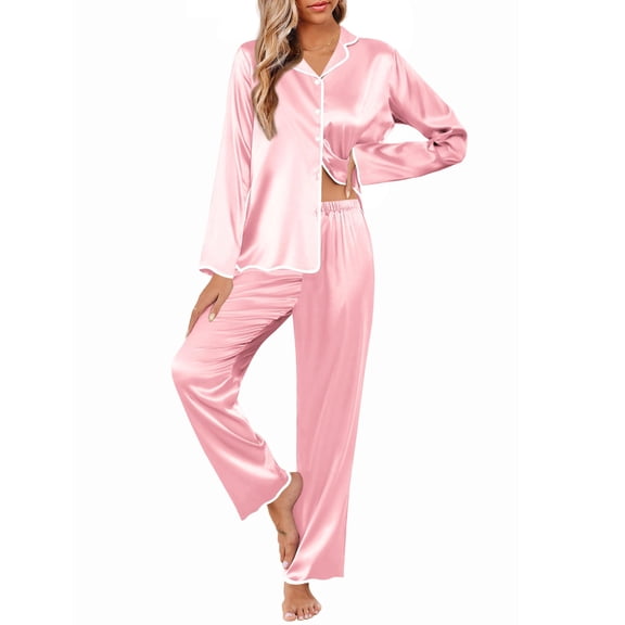 Ekouaer Womens Silk Pajama Set Satin Long Sleeve Button-Down Top and Pants with Ruffle Soft Sleepwear