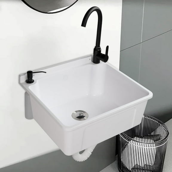 THJTDH Wall-Mounted Utility Sink with Hot & Cold Faucet - Plastic Laundry Tub for Garage, Laundry Room, White