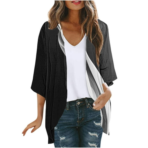 Aboser Women's Striped Print Kimono Cardigan Open Front Long Cover Ups Lightweight Chiffon Sheer Cardigans Loose 3/4 Length Sleeve Cardigan Tops Multicolor L