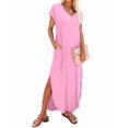 thumbnail image 3 of Summer Casual Maxi Dresses for Women V Neck Cap Sleeve Long Sundress with Pockets Beach Vacation Pink XL, 3 of 8