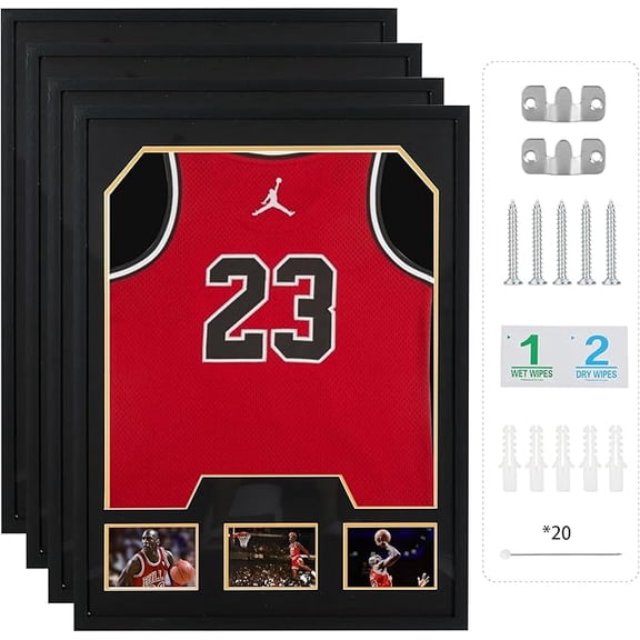 Jersey Display Frame with Picture Slots, T-Shirt Shadow Box for Soccer, Football, Basketball & Baseball Collectibles (4 Pack)