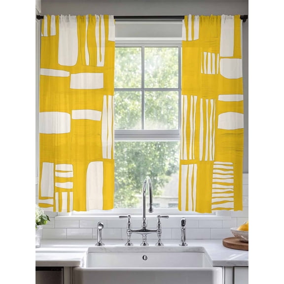 Minimalist Art Line Sheer Curtains 63 Inches Long 2 Panels Yellow Linear Abstract Composition Light Filtering Semi Sheer Window Curtains Drapes for Bedroom Living Room 52"x63"
