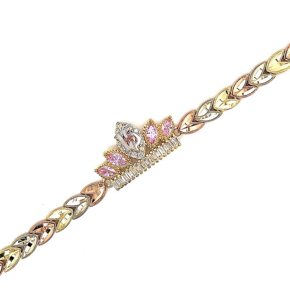 14k Tri Color Quincenera Crown Bracelet 7.5"
