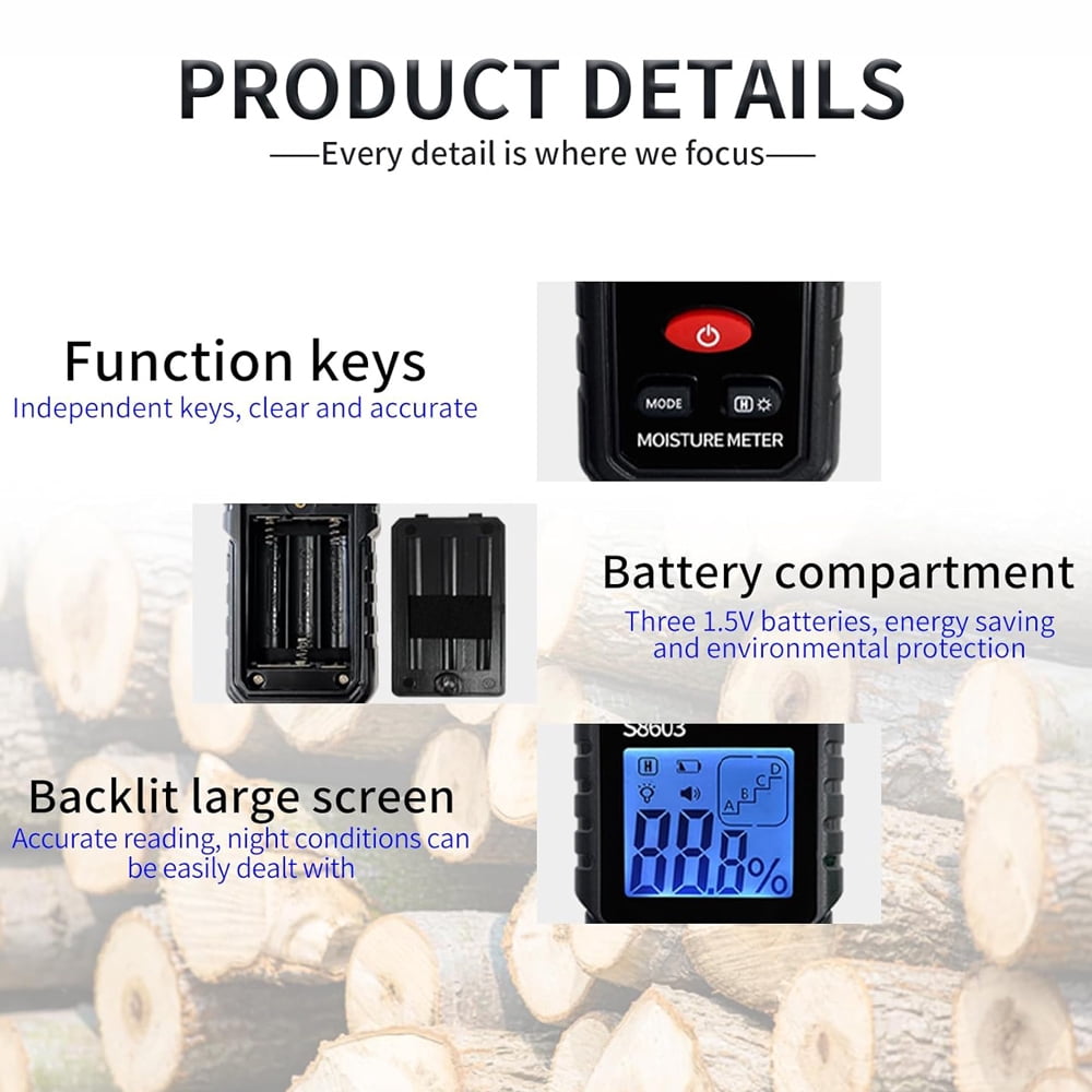 Digital Wood Moisture Meter for Drywall, Lumber & Concrete, Mold Moisture Detector with LCD Display, Wall Water Leak Sensor, Firewood Humidity Tester, Handheld Moisture Gauge for Home Inspection
