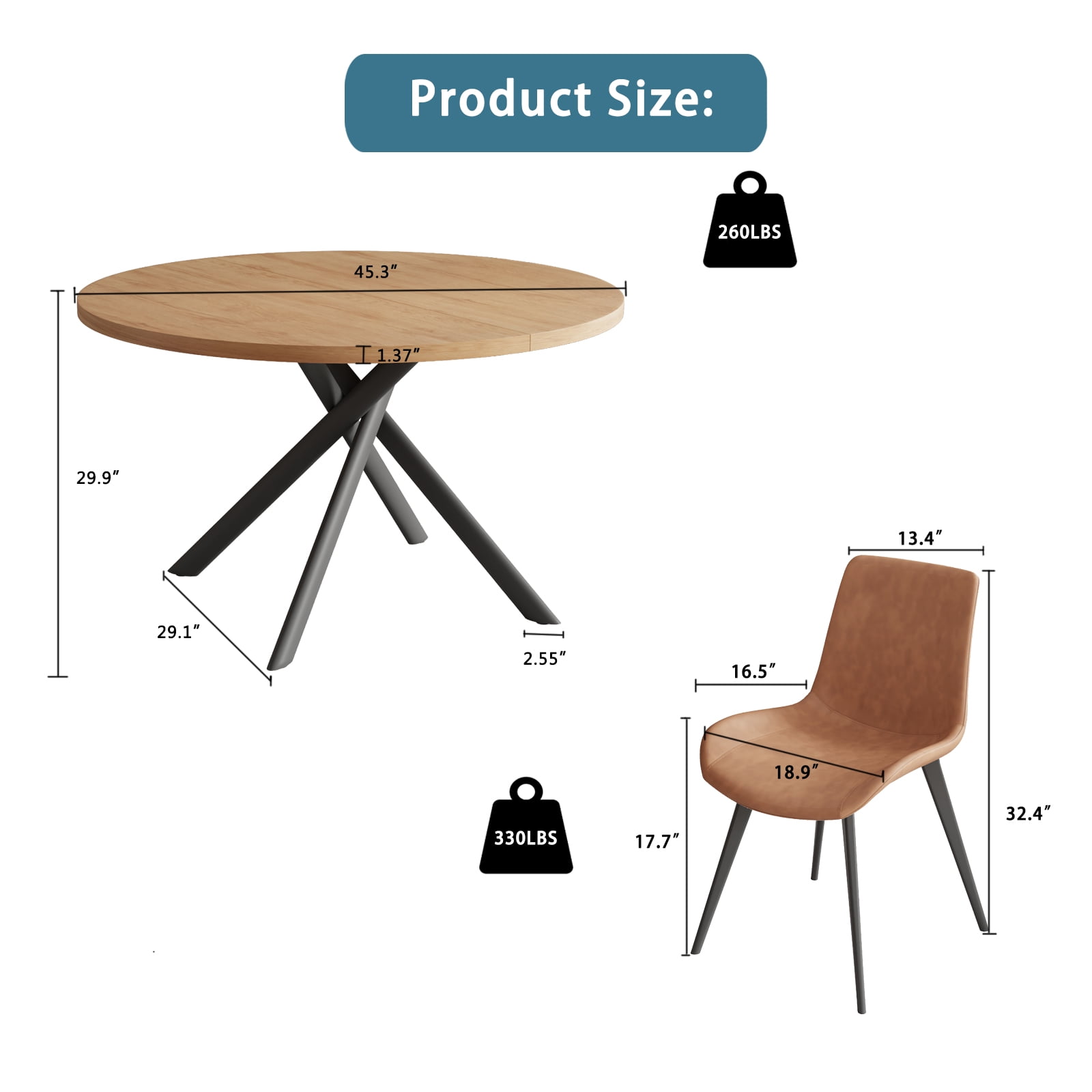 jiexi 45.3" Round Dining Table Set, Mid Century Modern Round Dining Table for 6 Person, with Steel Legs, Coffee Table for Kitchen Dining Room, Office, Save Space