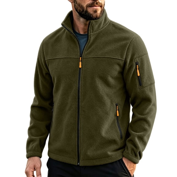 Men Jacket Stand Up Collar Zipper Top Solid Color Long Sleeve with Pocket Casual for Daily Warm Outerwear