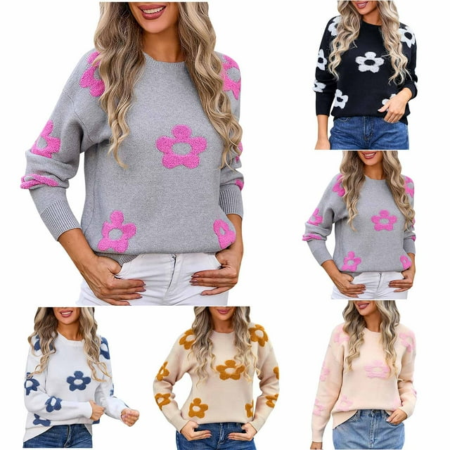 JDQJBZ Chandail d'Hiver Décontracté pour Femmes, Chandail Débardeur pour Dames, Chandail à Col Rond Brodé à Manches Longues pour Femmes