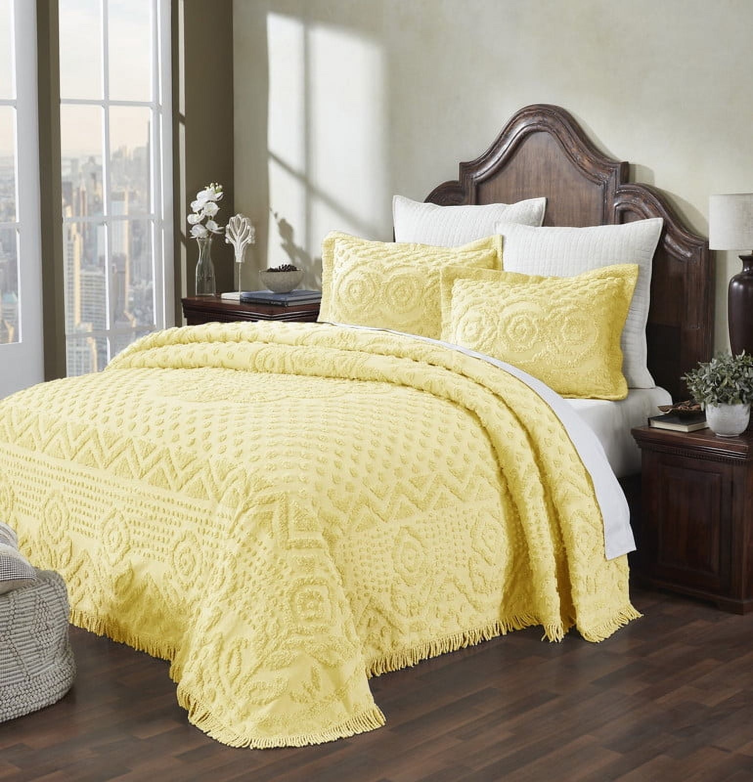Better Trends 3 Piece Chenille Bedspread Set for Full/Double Bedspread 100% Cotton Medallion Design Lightweight Bedspread for all Season Heirloom Collection (Yellow)