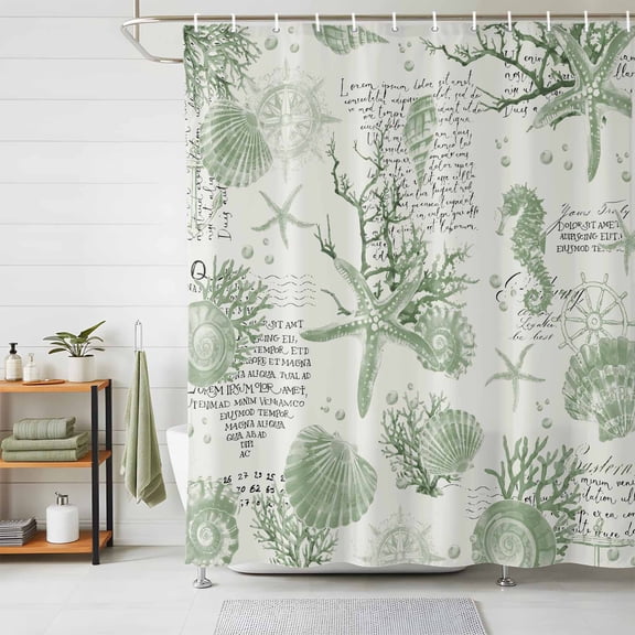 Shower Curtains for Bathroom, Sage Green Coastal Waterproof Fabric Shower Curtain, Coral Starfish Nautical Compass Decorative Bathroom Curtain for Bathtub, 36"x72", No Hooks Included
