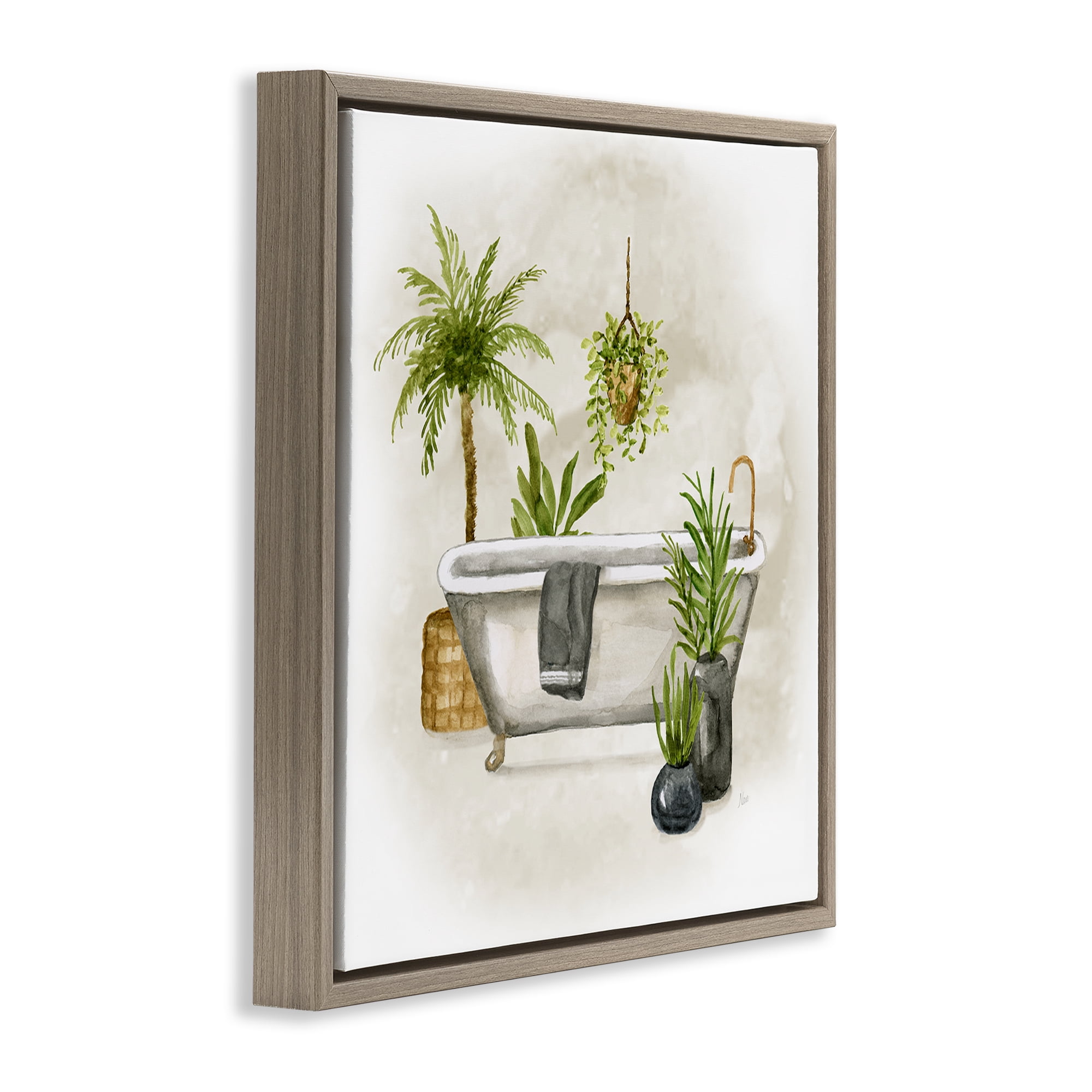 Stupell Industries Plant Filled Bathroom Bath & Laundry Painting Brown Floater Framed Canvas Art Print Wall Art, 25 x 25