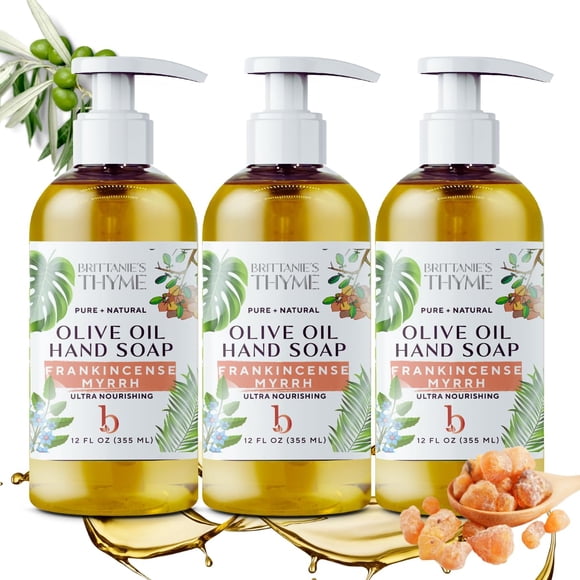 Jabón de manos natural de tomillo Brittanie's – Paquete de 3 de 12 oz (incienso y mirra) Jabón de Castilla hecho con aceite de oliva, aceites esenciales naturales de lujo y vitamina E. Vegano y sin gl