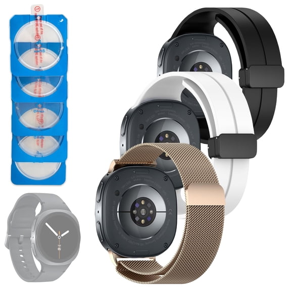 Rome Tech Bands and Tempered Glasses Compatible with Samsung Galaxy Watch 8-2 Adjustable Silicone & 1 Metal Bands 5 Screen protectors - Black, White, Starlight