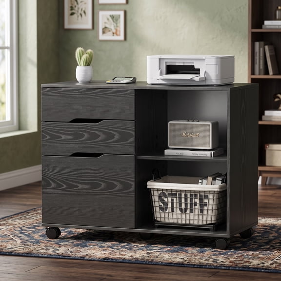 Black 3-Drawer File Cabinet, Lateral Mobile Filing Cabinet Wood Storage Organizer with Wheels, Printer Stand & Open Shelves