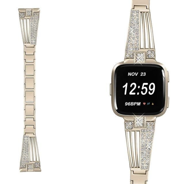 1Pc Stainless Steel Watch Band Delicate Fanshaped Rhinestone Inlaid Wristband Replacement Strap Compatible for Fitbit Versa (Vintage Gold)