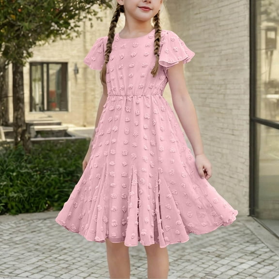 BRGZLK Girl's Summer Dress Cute Solid Short Sleeve Round Neck Waist Cinched Dress Princess Dress A-Line Casual Swing Midi Dress Pink 14-15 Years