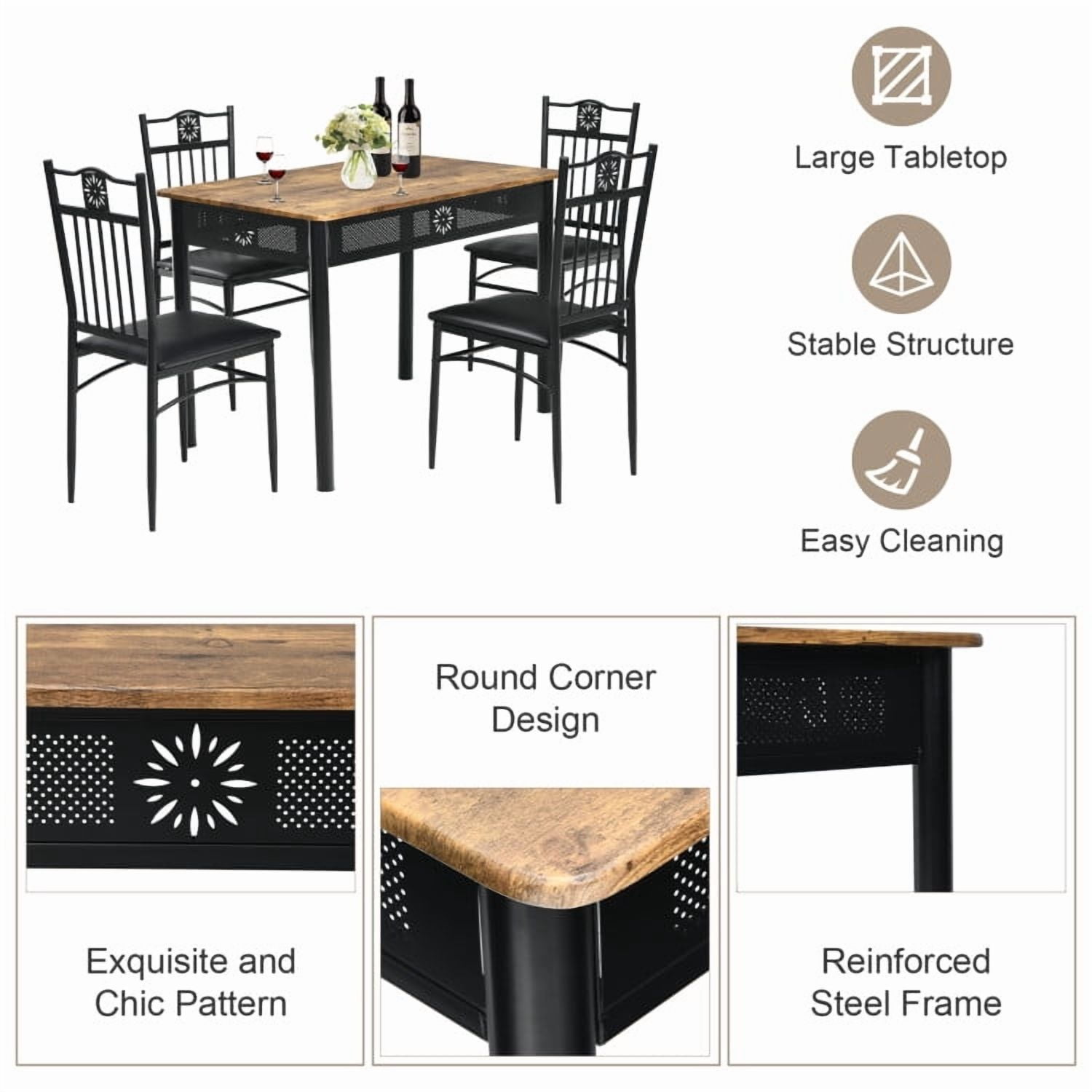 Demi Bonn Dining Set, Dining Table Set, 5 Pcs Dining Set Wood Metal Table and 4 Chairs with Cushions, for Home, Restaurant, Black