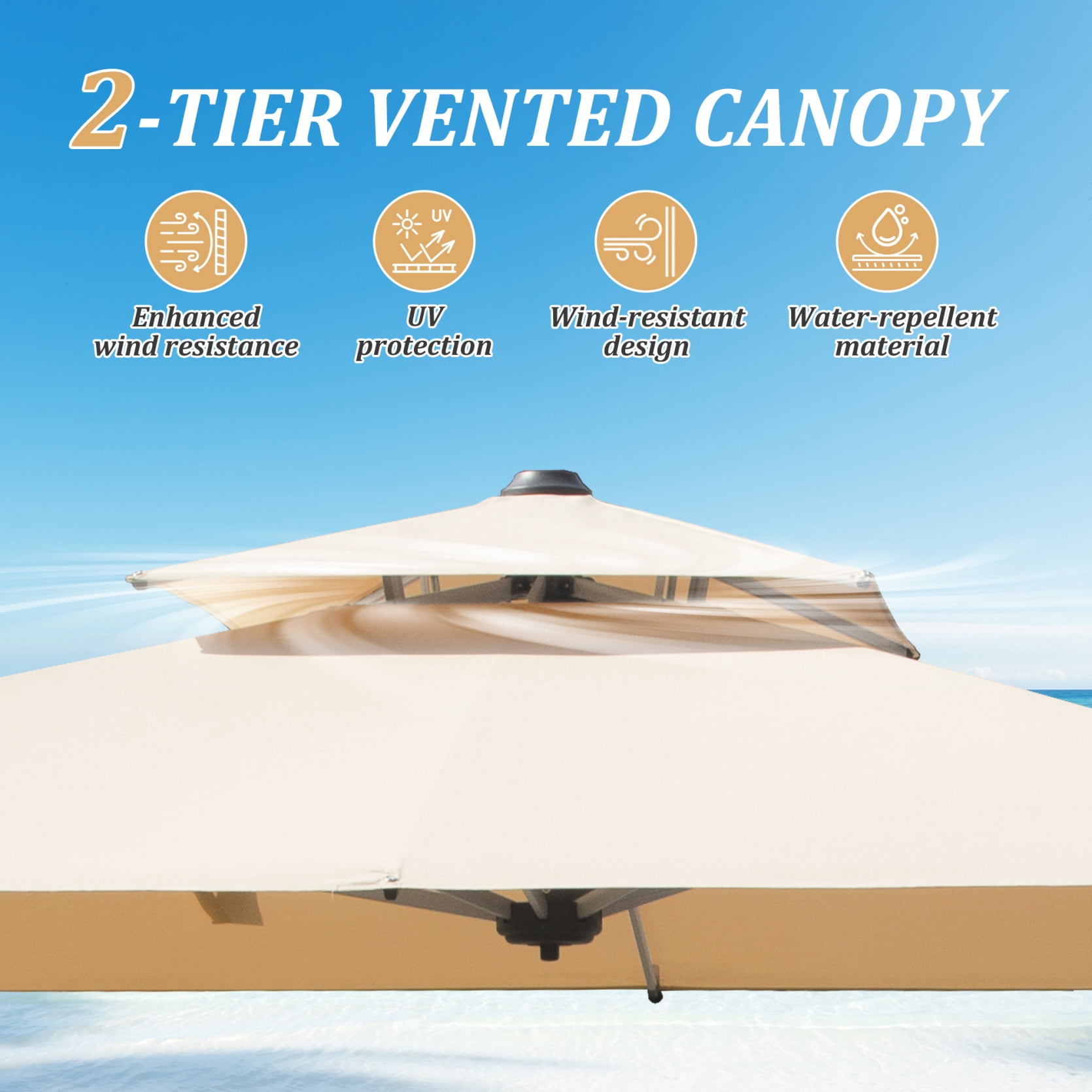 9ft Offset Cantilever Patio Umbrella, 360° Rotation Square Market Umbrella with 5-Position Tilt, 2-Tier Outdoor Table Umbrella with 9 Sturdy Ribs for Backyard, Pool, Beige (No Base)