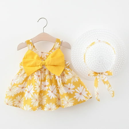 

DNDKILG Newborn Infant Baby Summer Floral Sundress for Girls with Hat Bow Dress Sleeveless Dresses White 0-24M