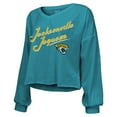 thumbnail image 2 of Women's Majestic Threads Travis Hunter Teal Jacksonville Jaguars Name & Number Off-Shoulder Script Cropped Long Sleeve, 2 of 3