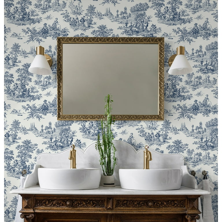 Blue Toile Peel and Stick Wallpaper French Country Farmhouse Style